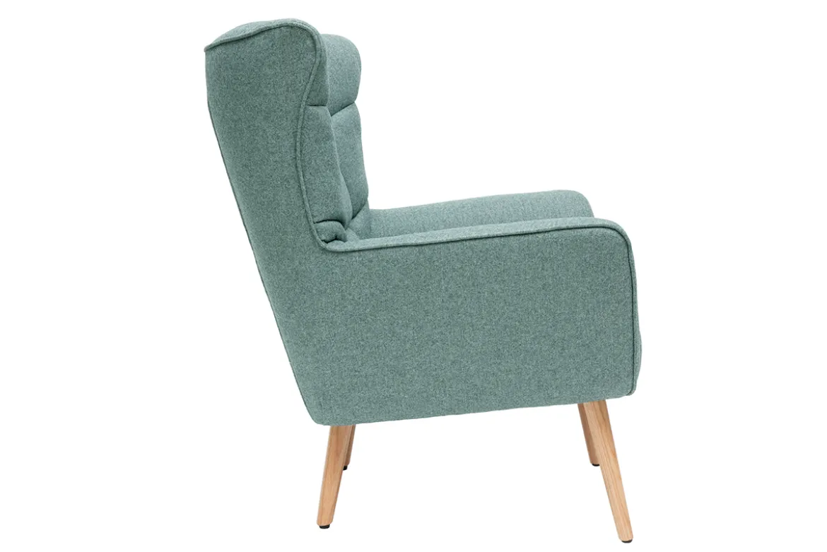 Fauteuil scandinave en tissu vert de gris et bois clair AVERY