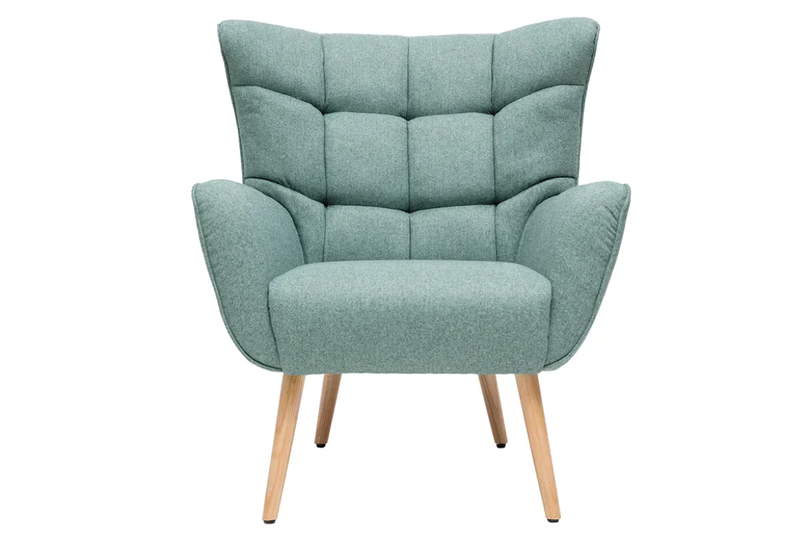 Fauteuil scandinave en tissu vert de gris et bois clair AVERY