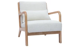 Fauteuil scandinave en tissu effet laine bouclée blanc et bois clair massif DERRY