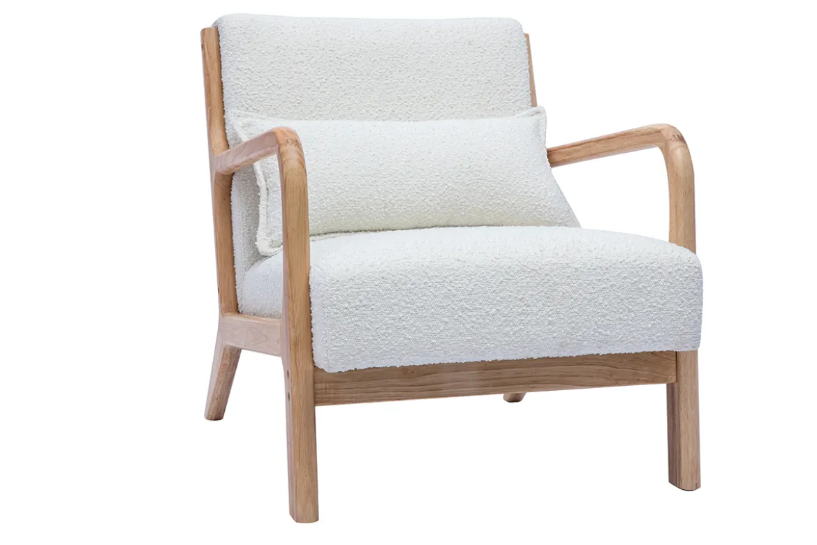 Fauteuil scandinave en tissu effet laine bouclée blanc et bois clair massif DERRY