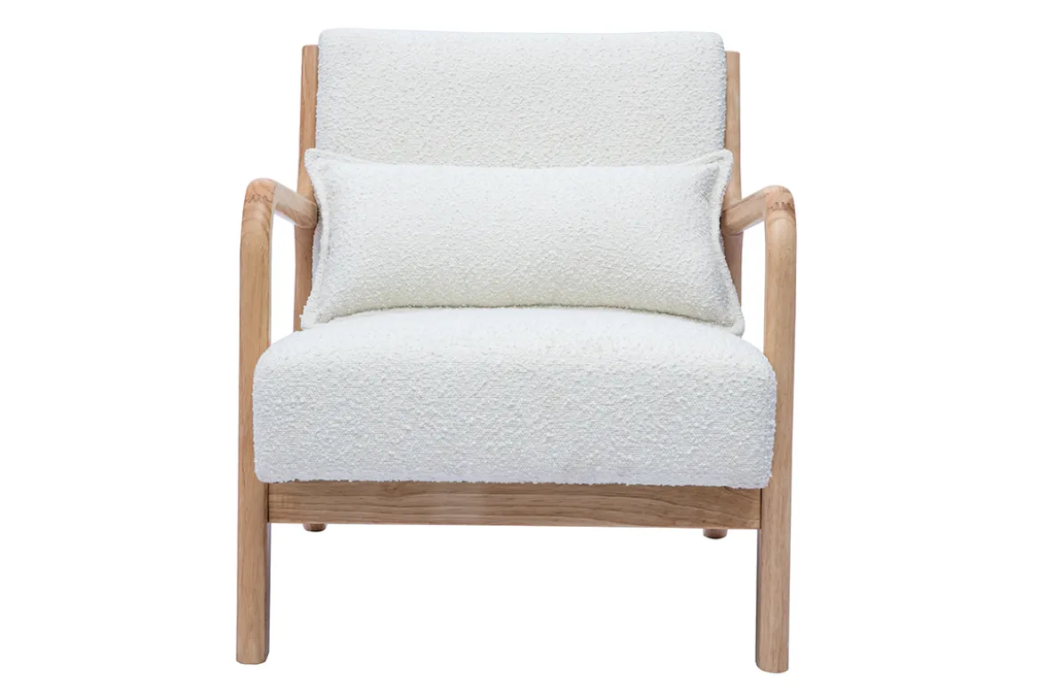 Fauteuil scandinave en tissu effet laine bouclée blanc et bois clair massif DERRY