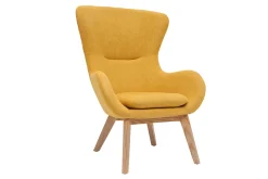 Fauteuil scandinave en tissu effet velours jaune moutarde et bois ESKUA