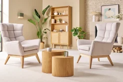 Fauteuil scandinave en tissu effet velours texturé naturel et bois clair BRODY