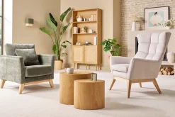 Fauteuil scandinave en tissu effet velours texturé naturel et bois clair BRODY