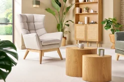 Fauteuil scandinave en tissu effet velours texturé naturel et bois clair BRODY