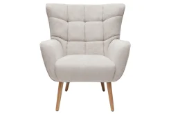 Fauteuil scandinave en tissu effet velours texturé beige et bois clair AVERY