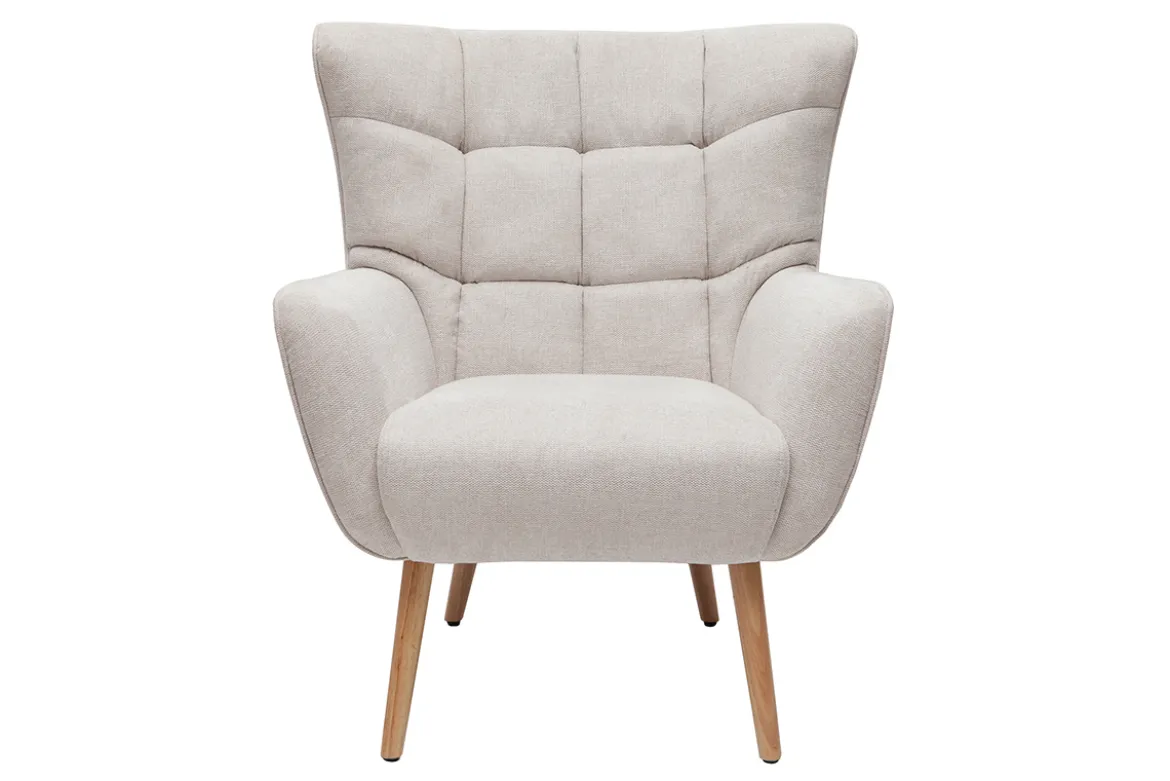 Fauteuil scandinave en tissu effet velours texturé beige et bois clair AVERY
