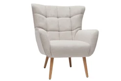 Fauteuil scandinave en tissu effet velours texturé beige et bois clair AVERY