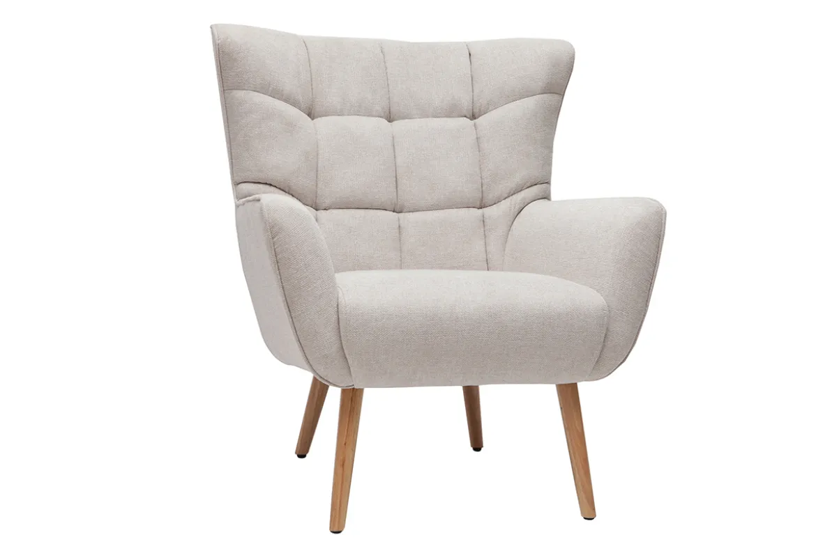 Fauteuil scandinave en tissu effet velours texturé beige et bois clair AVERY