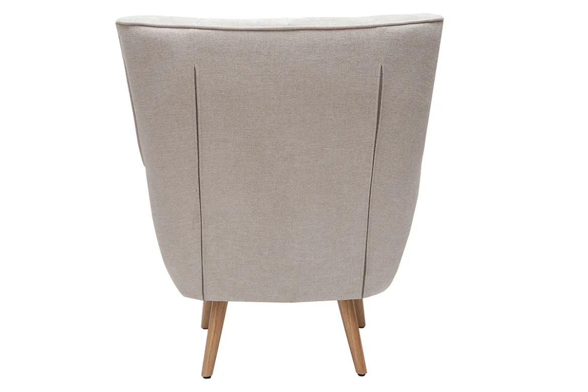 Fauteuil scandinave en tissu effet velours texturé beige et bois clair AVERY