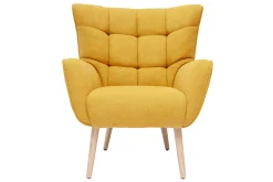 Fauteuil scandinave en tissu effet velours jaune moutarde et bois clair AVERY
