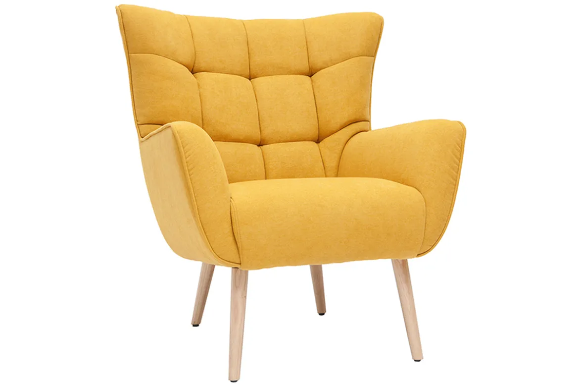 Fauteuil scandinave en tissu effet velours jaune moutarde et bois clair AVERY