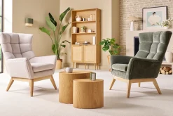 Fauteuil scandinave en tissu effet velours texturé jaune moutarde et bois clair BRODY