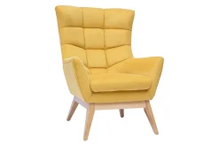 Fauteuil scandinave en tissu effet velours texturé jaune moutarde et bois clair BRODY