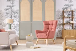 Fauteuil scandinave en tissu effet velours texturé terracotta et bois clair BRODY