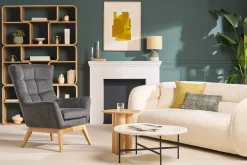 Fauteuil scandinave en tissu effet velours texturé gris foncé et bois clair BRODY