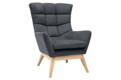 Fauteuil scandinave en tissu effet velours texturé gris foncé et bois clair BRODY