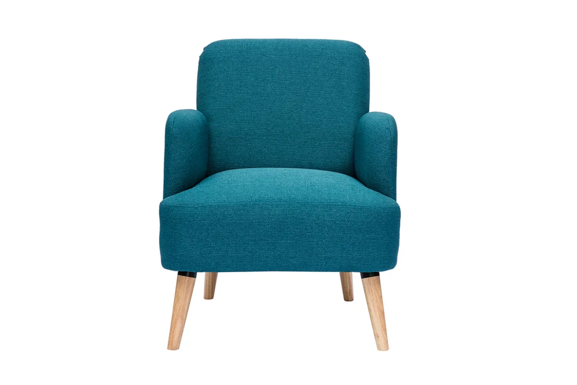 Fauteuil scandinave en tissu bleu canard et bois clair ISKO