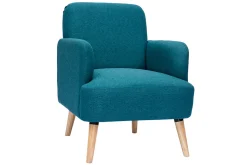 Fauteuil scandinave en tissu bleu canard et bois clair ISKO
