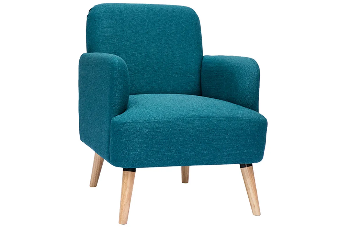 Fauteuil scandinave en tissu bleu canard et bois clair ISKO