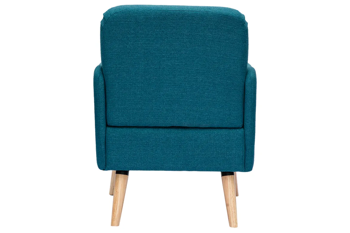 Fauteuil scandinave en tissu bleu canard et bois clair ISKO