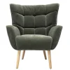 Fauteuil scandinave en tissu effet velours vert kaki et bois clair AVERY