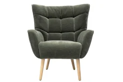 Fauteuil scandinave en tissu effet velours vert kaki et bois clair AVERY