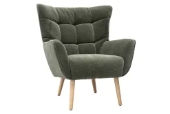 Fauteuil scandinave en tissu effet velours vert kaki et bois clair AVERY