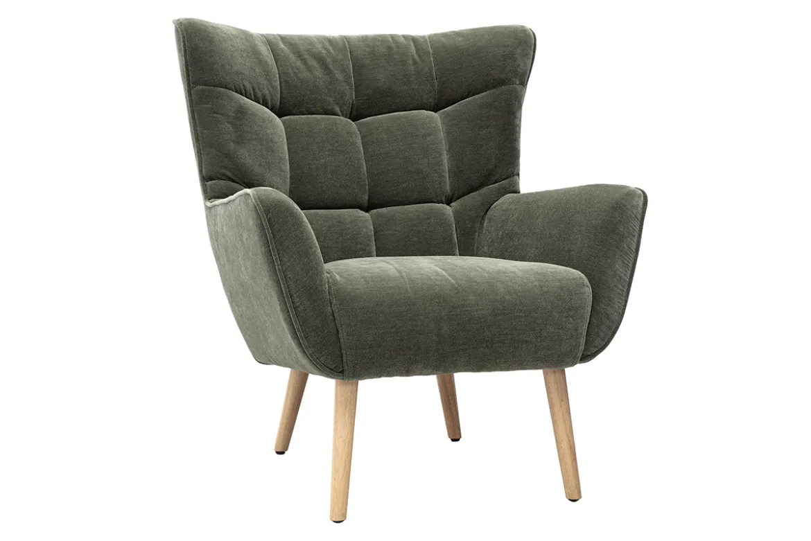 Fauteuil scandinave en tissu effet velours vert kaki et bois clair AVERY