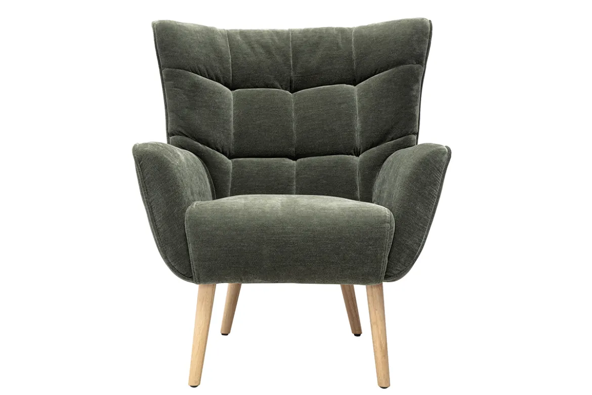 Fauteuil scandinave en tissu effet velours vert kaki et bois clair AVERY