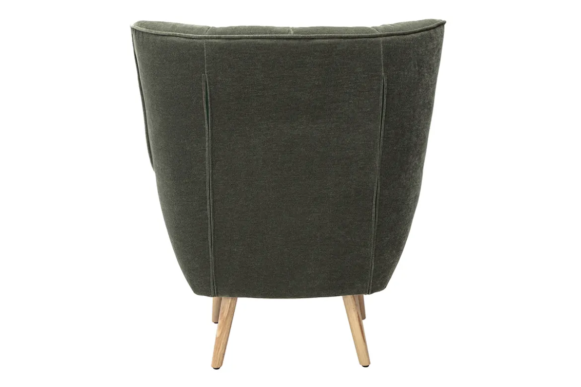 Fauteuil scandinave en tissu effet velours vert kaki et bois clair AVERY
