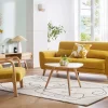 Fauteuil scandinave en tissu effet velours jaune moutarde et bois clair massif DERRY