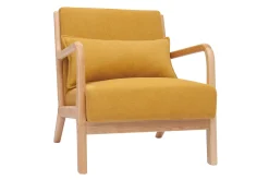 Fauteuil scandinave en tissu effet velours jaune moutarde et bois clair massif DERRY