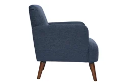 Fauteuil scandinave en tissu effet velours texturé bleu foncé et bois foncé ISKO