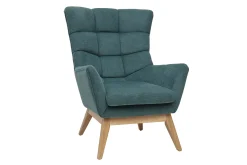 Fauteuil scandinave en tissu chenille bleu canard et bois clair BRODY