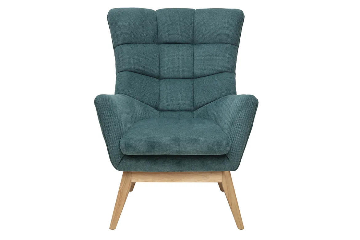 Fauteuil scandinave en tissu chenille bleu canard et bois clair BRODY