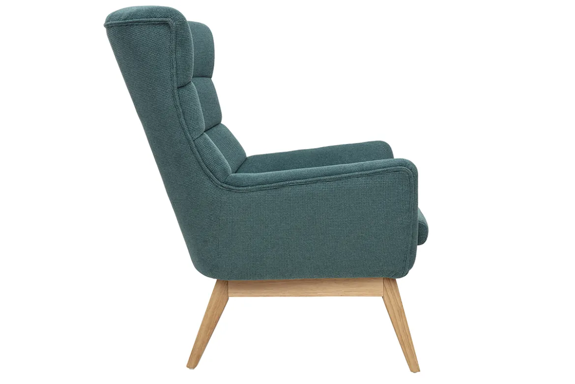 Fauteuil scandinave en tissu chenille bleu canard et bois clair BRODY