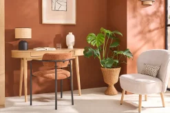 Fauteuil scandinave en tissu effet laine bouclée blanc et bois clair AMANITA