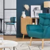 Fauteuil scandinave en tissu velours bleu pétrole et bois clair AVERY