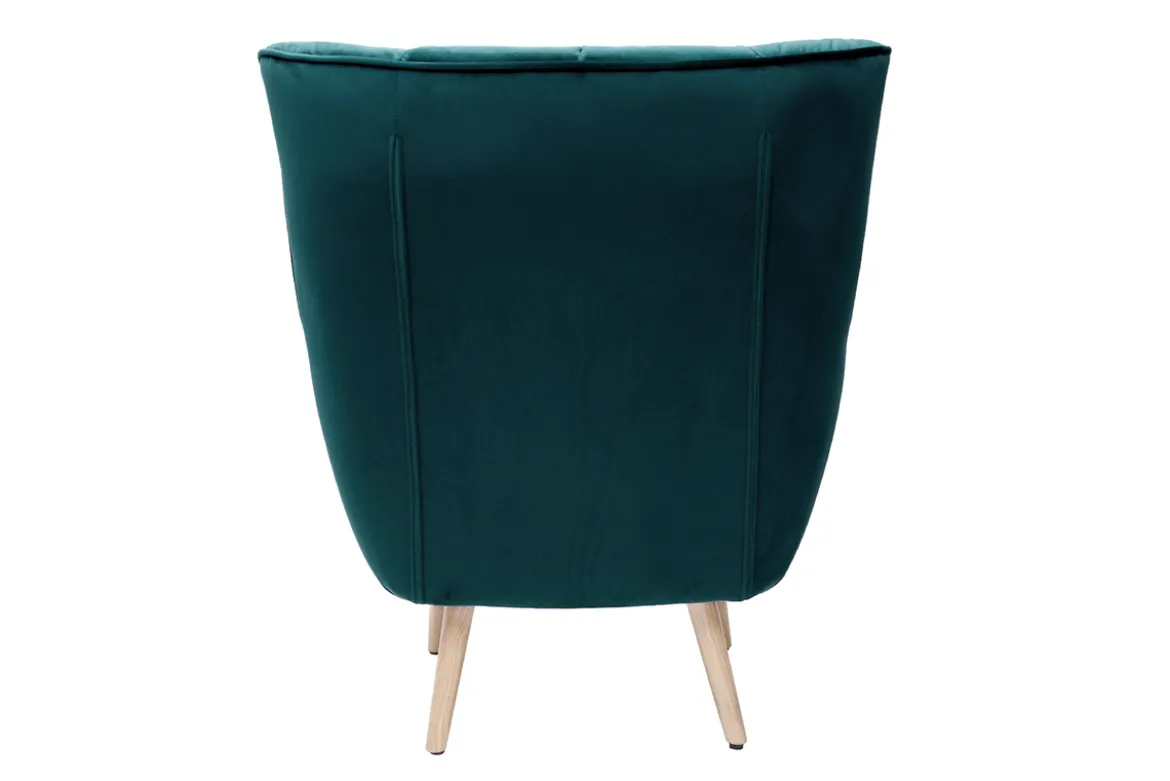 Fauteuil scandinave en tissu velours bleu pétrole et bois clair AVERY