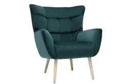 Fauteuil scandinave en tissu velours bleu pétrole et bois clair AVERY