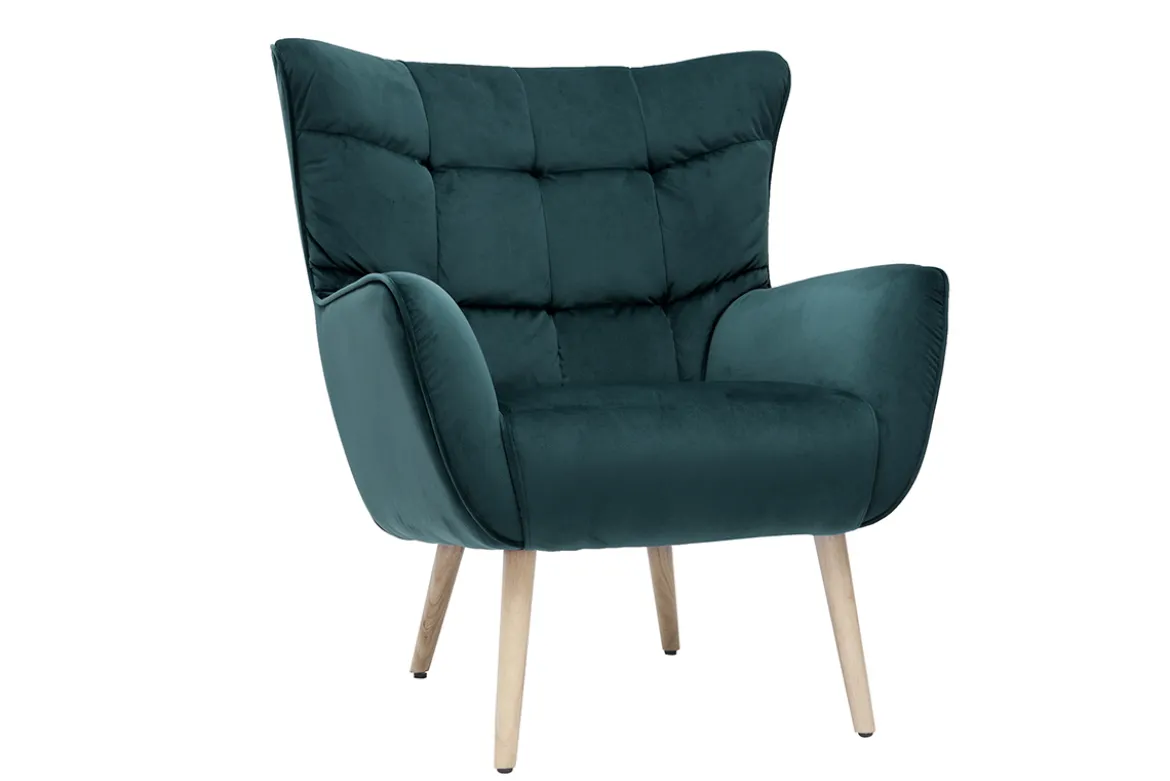 Fauteuil scandinave en tissu velours bleu pétrole et bois clair AVERY