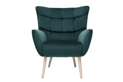 Fauteuil scandinave en tissu velours bleu pétrole et bois clair AVERY
