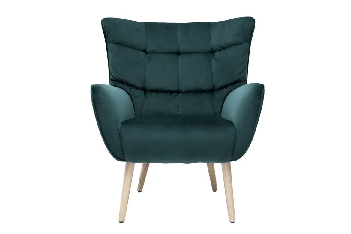 Fauteuil scandinave en tissu velours bleu pétrole et bois clair AVERY