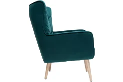Fauteuil scandinave en tissu velours bleu pétrole et bois clair AVERY