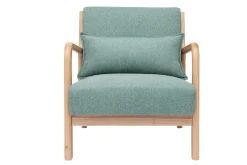 Fauteuil scandinave en tissu vert de gris et bois clair massif DERRY