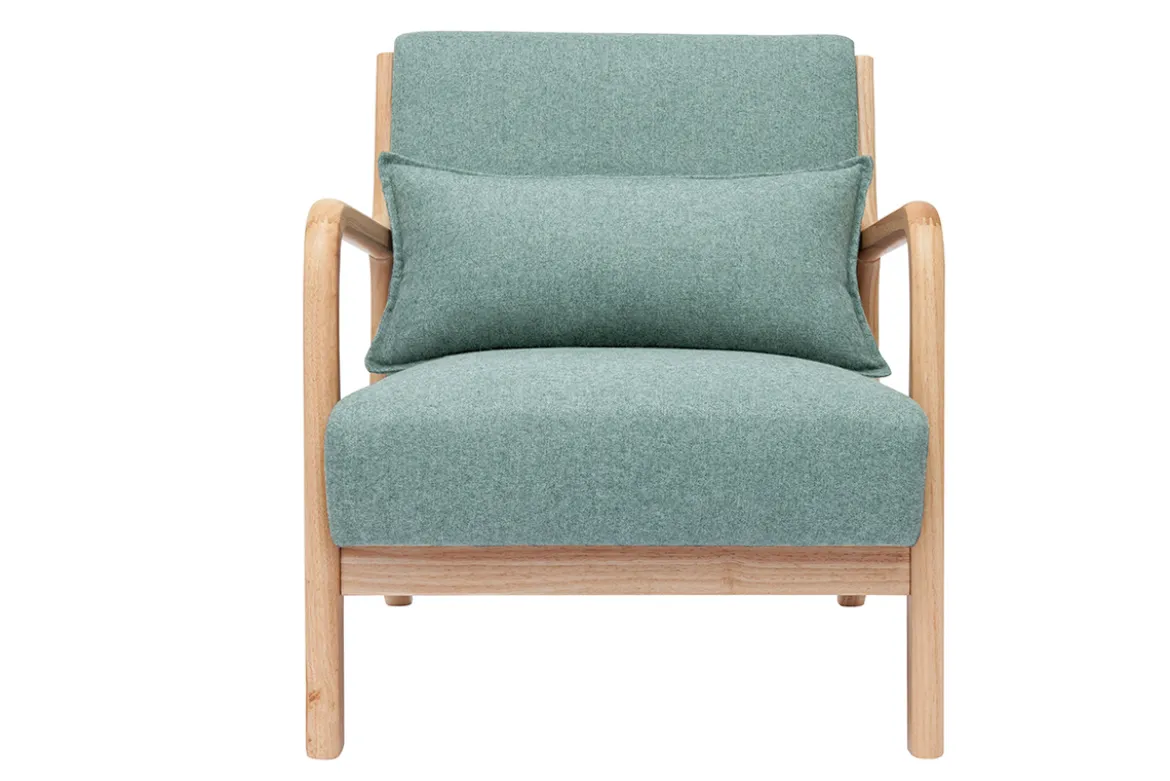 Fauteuil scandinave en tissu vert de gris et bois clair massif DERRY