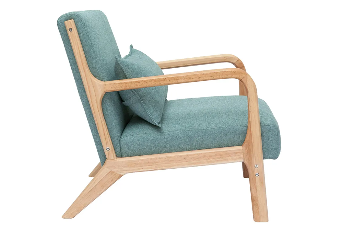 Fauteuil scandinave en tissu vert de gris et bois clair massif DERRY
