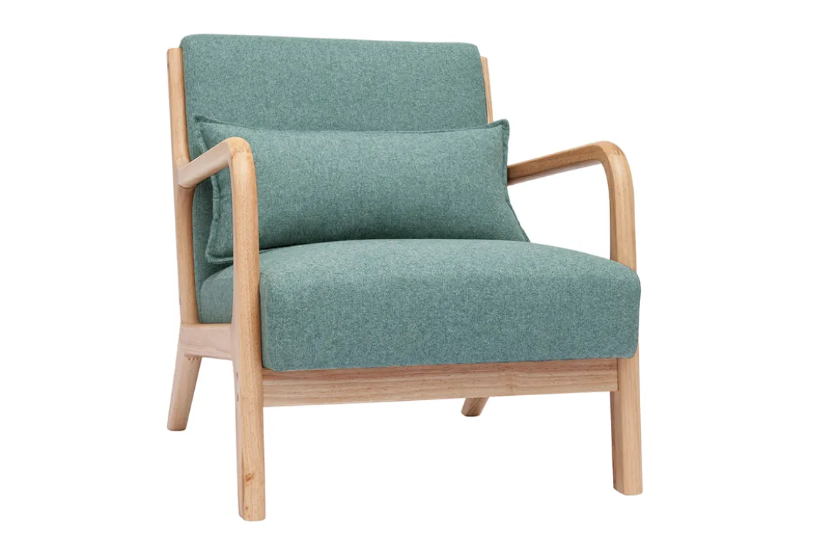 Fauteuil scandinave en tissu vert de gris et bois clair massif DERRY