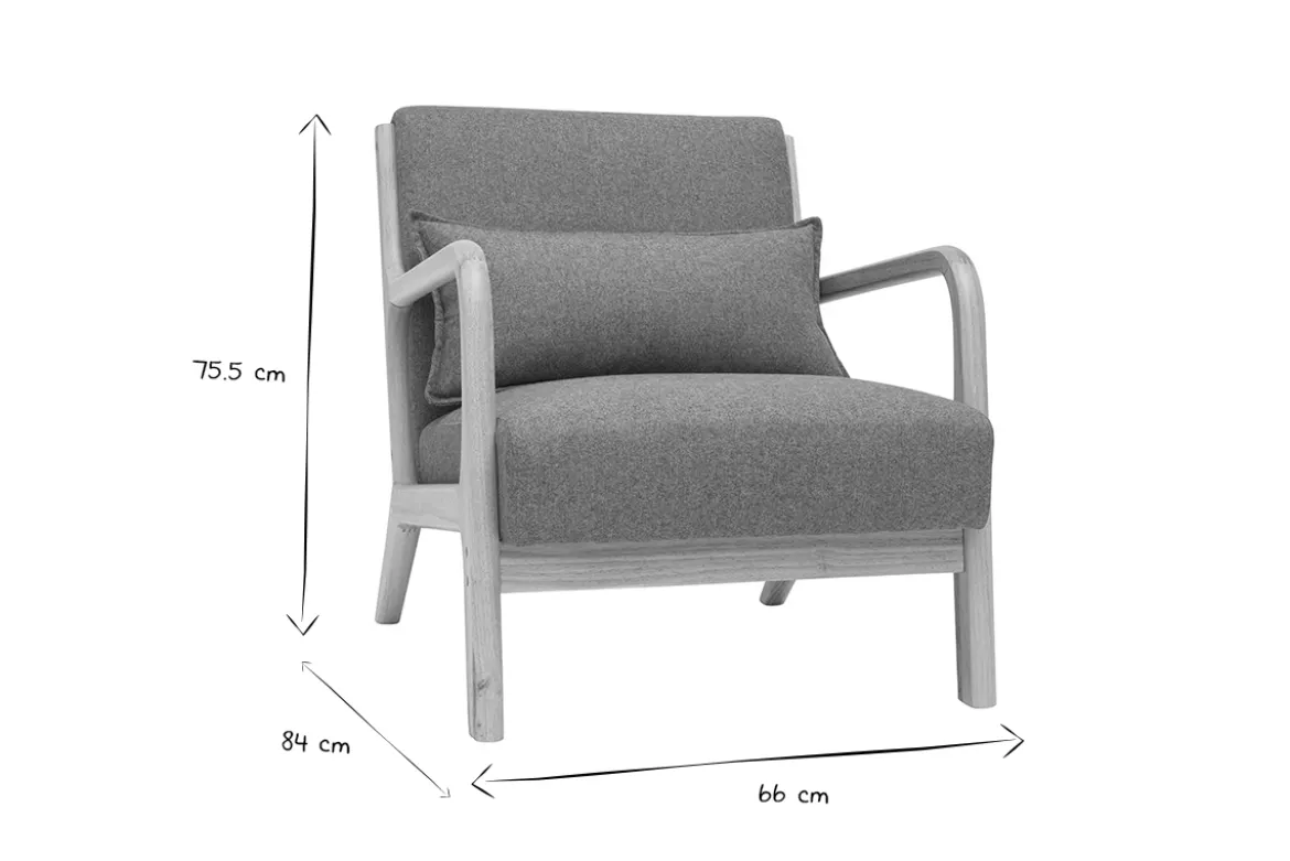 Fauteuil scandinave en tissu vert de gris et bois clair massif DERRY